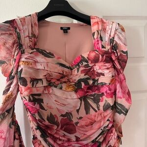 Express Pink Floral Ruched Sweetheart Neck Blouse
